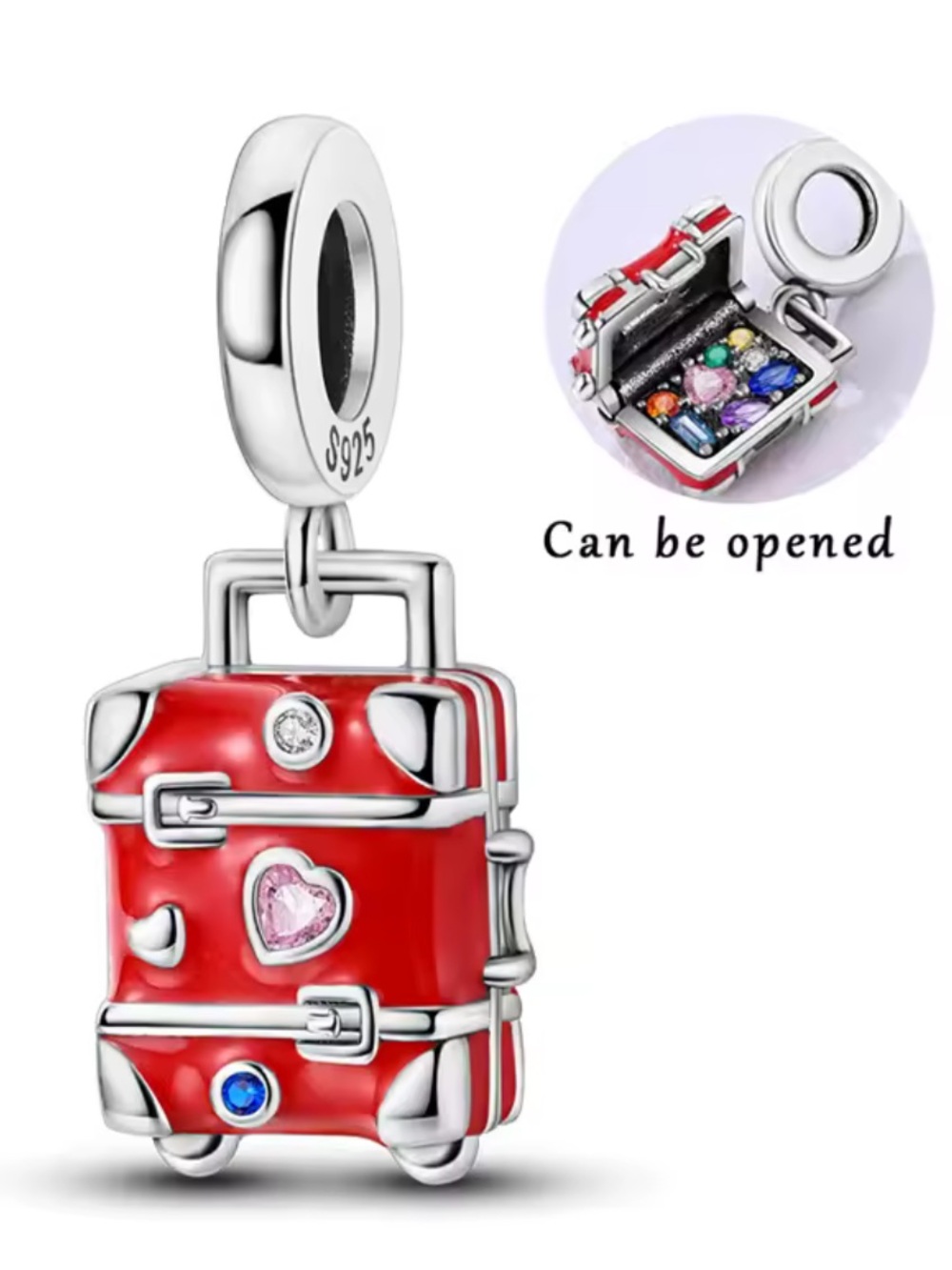 Pandora Red Suitcase Locket Charm with Pink and Blue Stones